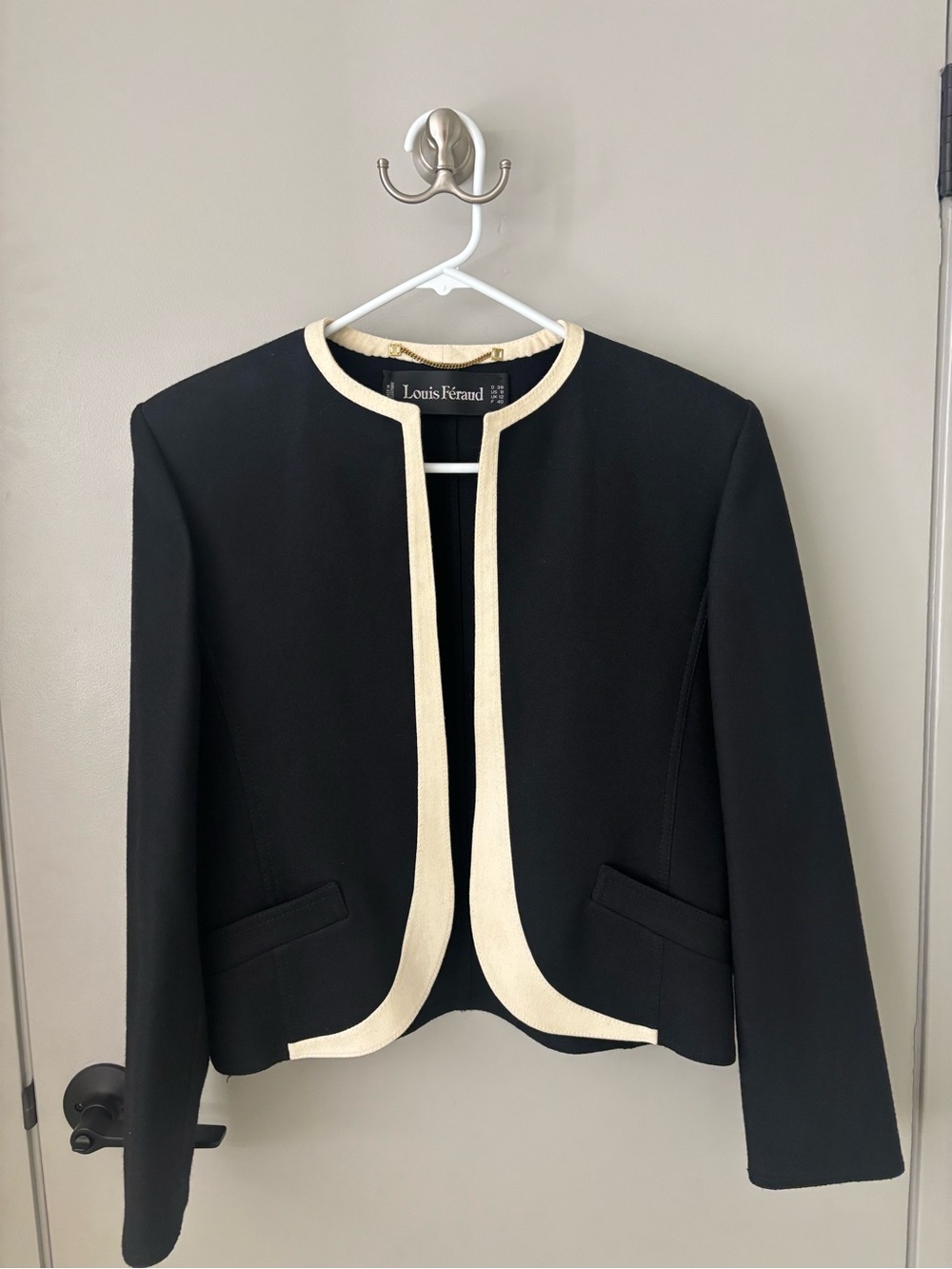 Vintage Louis Feraud Black Ivory Trim Wool Jacket Blazer Women’s US 8